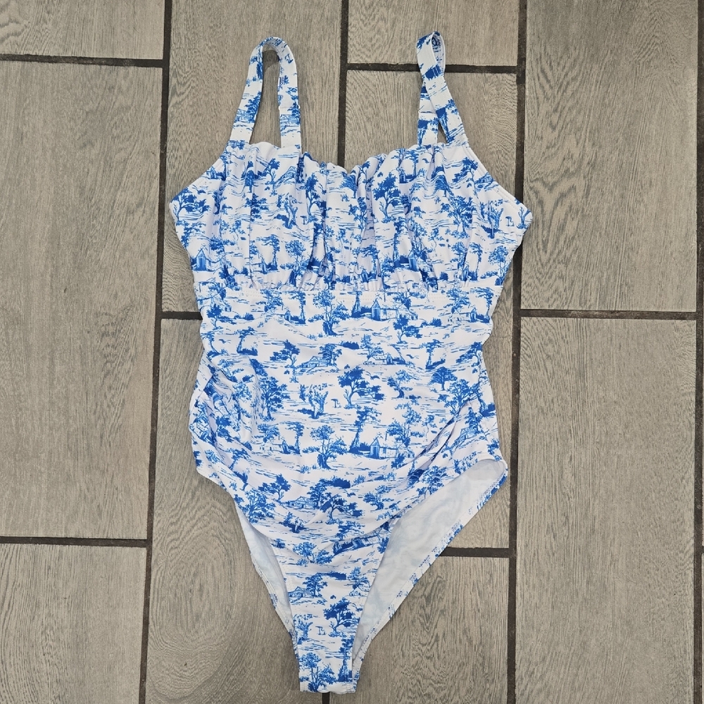 Toile Print One-Piece Swimsuit – Blue‎ & White Scenic